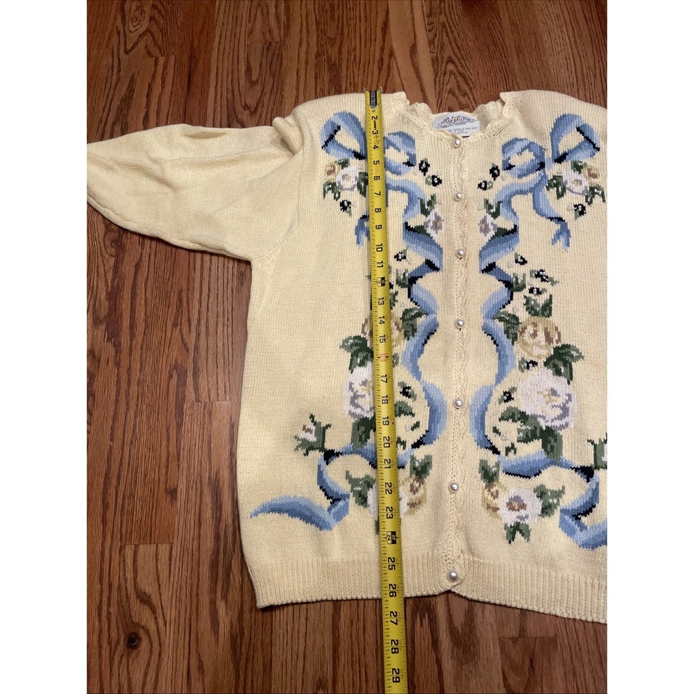 VIntage 90s Susan Brostol Women's Knit Cardigan Yellow Bows Size Large - Picture 7 of 8